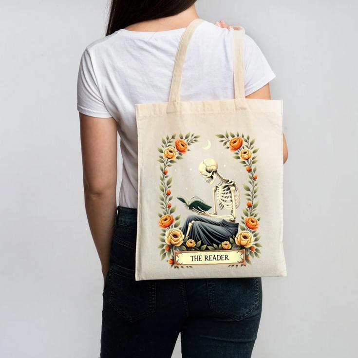 Floral Tarot Card The Reader Skeleton Reading Book Canvas Tote Bag