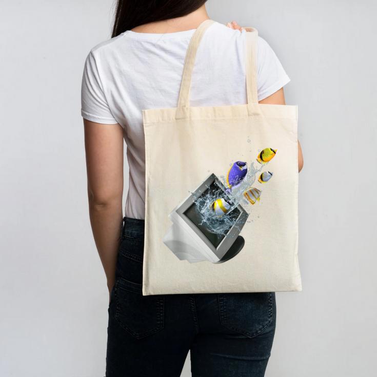 Frutiger Aero Aesthetic Tech Computer Aquarium Fishes Canvas Tote Bag