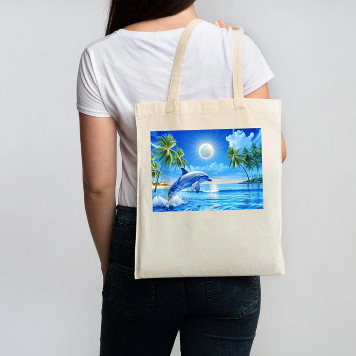 Frutiger Aero Dolphin Sunset Ocean With Palm Trees Y2k Canvas Tote Bag