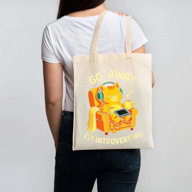Go Away I'm Introverting Cat Coffee Headphones Canvas Tote Bag