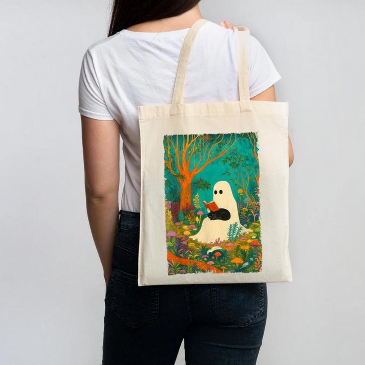 Groovy Ghost Reading Book Cat Halloween Ghost Teacher Canvas Tote Bag