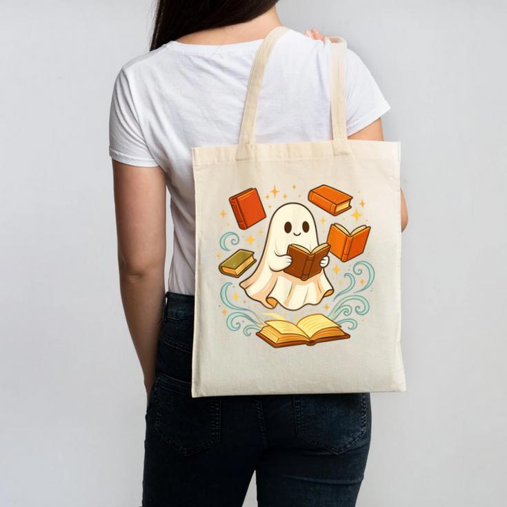 Halloween Cute Ghost Shirt Reading Books Ghost Canvas Tote Bag