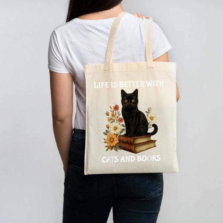 Life Is Better With Cats And Books Cute Cat Lover For Men Women Kids Canvas Tote Bag