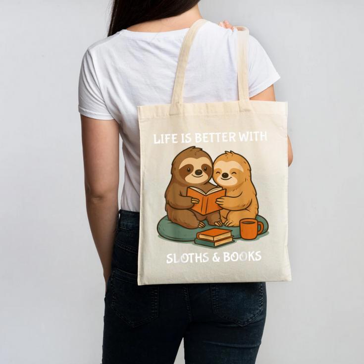 Life Is Better With Sloths And Books Cute Sloth Lover Canvas Tote Bag