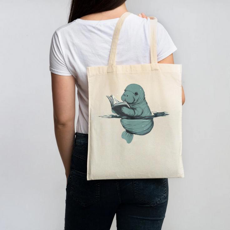 Manatee Reading Book Bookworm Manatees Ocean Animal Lover Canvas Tote Bag