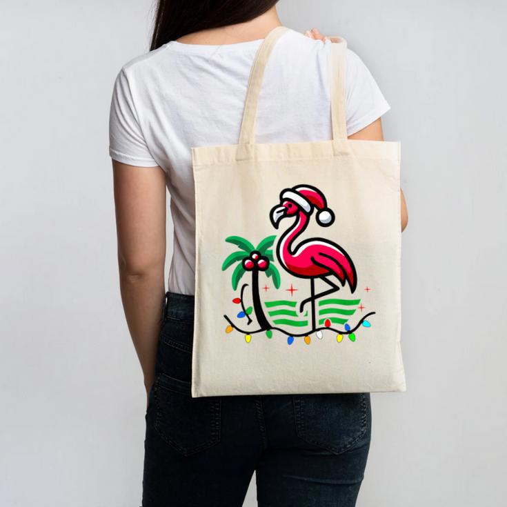 Nostalgia Holiday Tees -Adult Christmas Flamingo Small Short Sleeve Crew Neck Cotton Polyester Lightweight Ribbed Cuff Winter Canvas Tote Bag