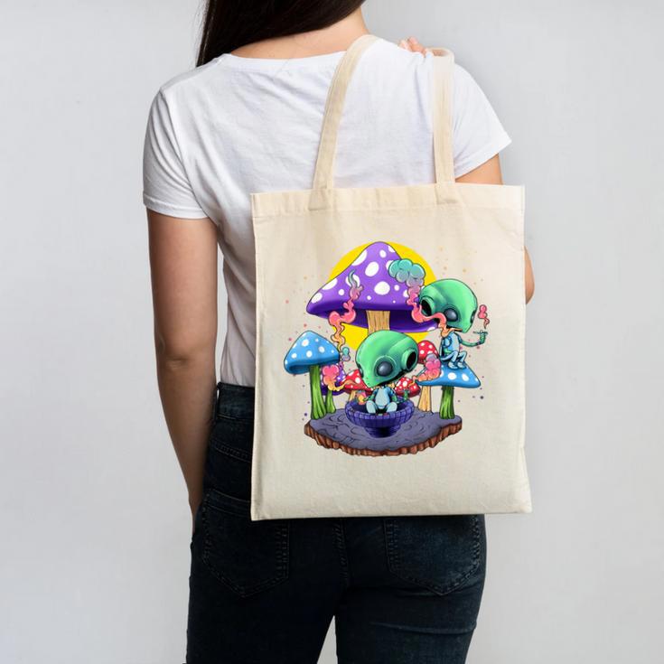 Psychedelic Alien Mushroom Nostalgia Groovy Vibe Hippie Canvas Tote Bag
