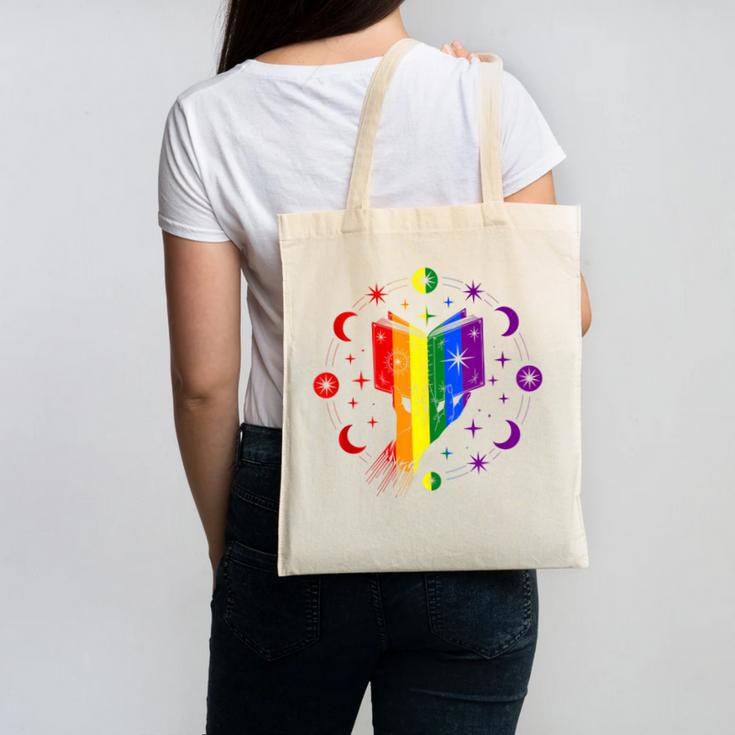 Rainbow Book With Stars And Moon Phases Gay Pride LGBT Canvas Tote Bag