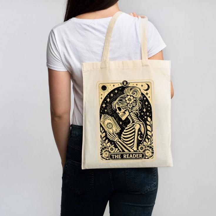 The Reader Tarot Card Book Lover Skeleton Reading Book Canvas Tote Bag