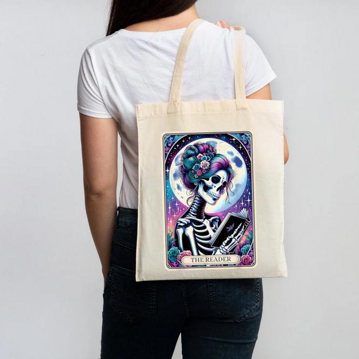 The Reader Tarot Card Reading Skeleton Skull Book Lover Canvas Tote Bag