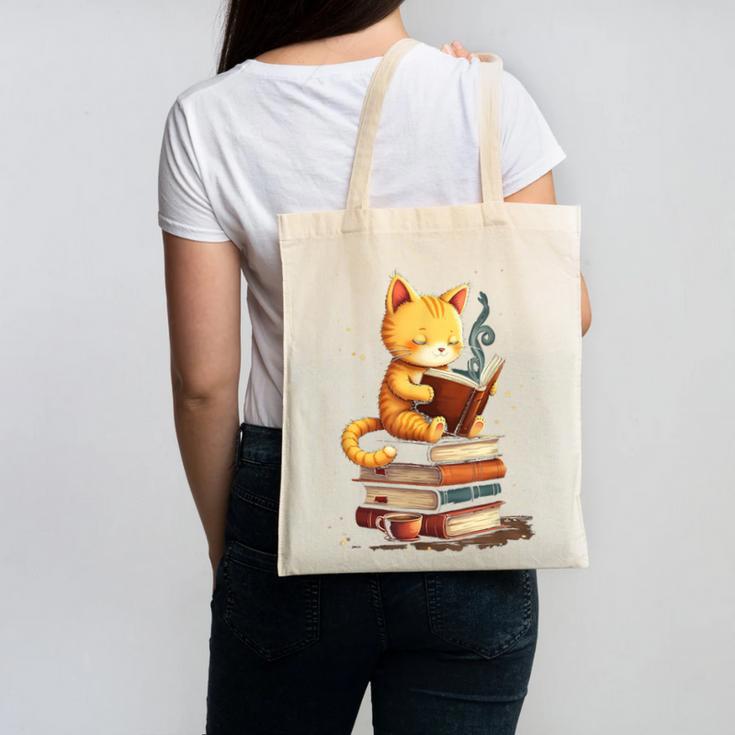 Reading Cat Books Cute Canvas Tote Bag