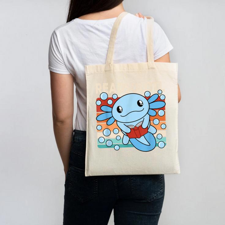 Readsolotl Blue Kawaii Axolotl Book Lover Reading Retro Canvas Tote Bag