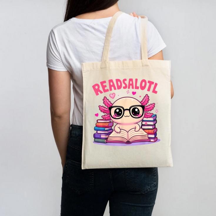 Readsolotl Pink Kawaii Axolotl Book Lover Reading Canvas Tote Bag