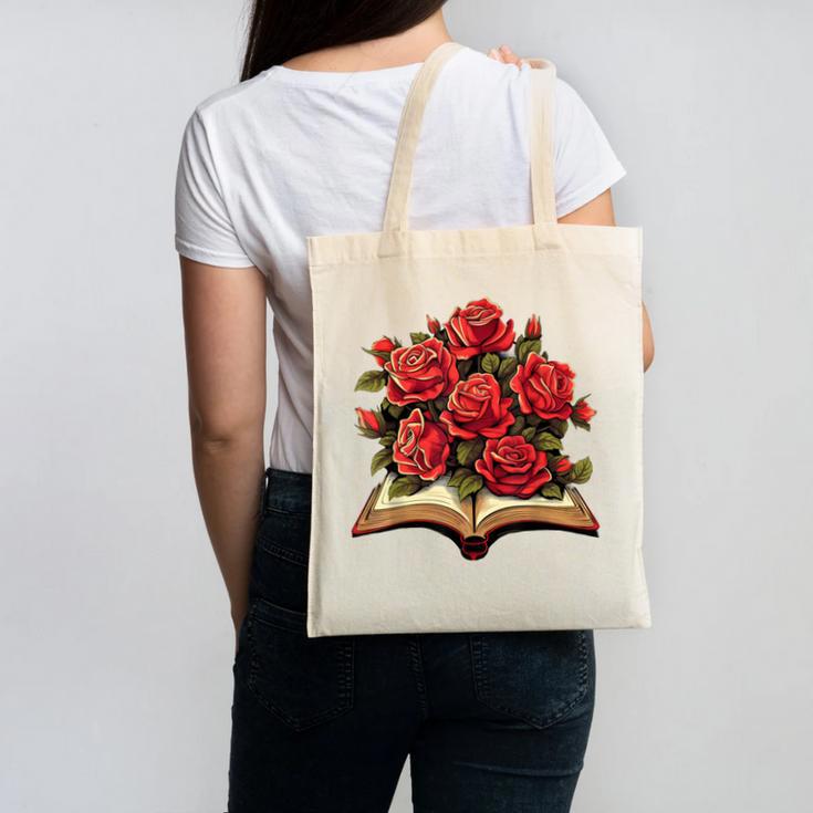Red Roses Flowers Book Floral Canvas Tote Bag