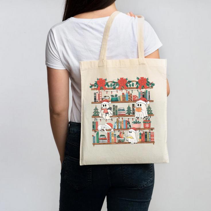 Retro Ghost Reading Book Teacher Librarian Bookish Christmas Canvas Tote Bag