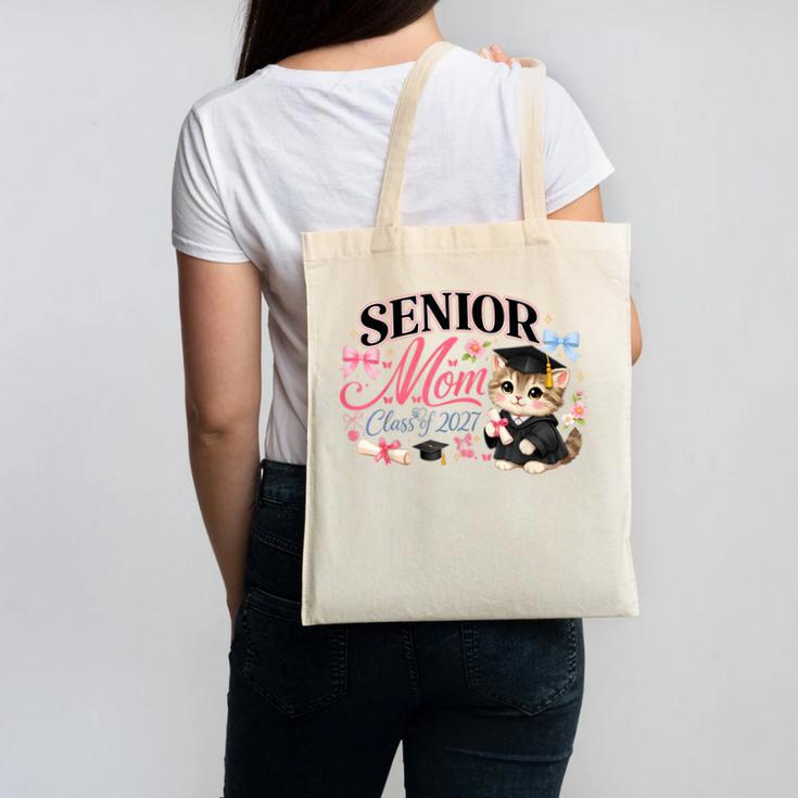 Senior Mom Class Of 2027 Cute Cat Graduation Pink Bows Girls Canvas Tote Bag