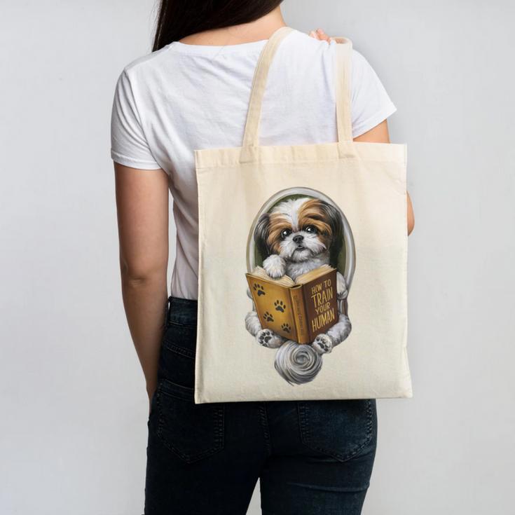 Shih Tzu Book How To Train Your Human Funny Dog Motif Canvas Tote Bag