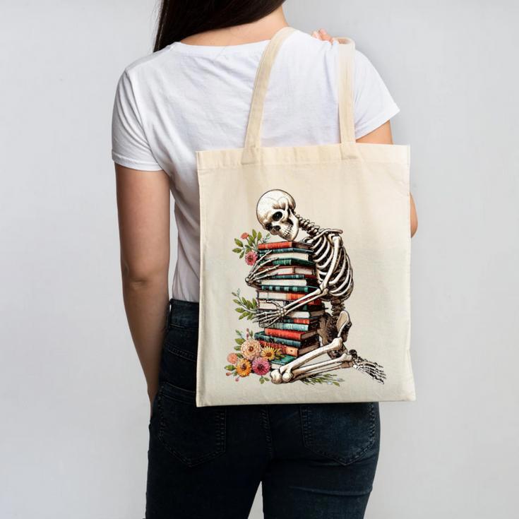 Skeleton Reading Book Halloween Bookworm Bibliophile Reader Canvas Tote Bag