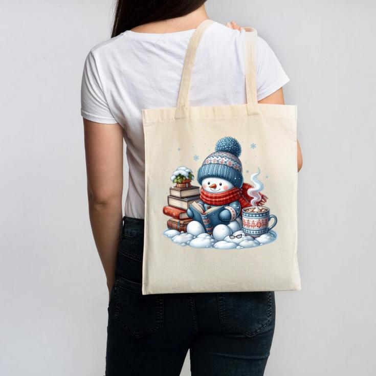 Snowman Reading Books Lovers Librarian Bookworm Christmas Canvas Tote Bag