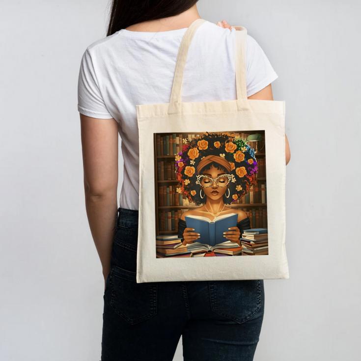 History Month Black Afro Girl Women Book Lovers Flower Canvas Tote Bag