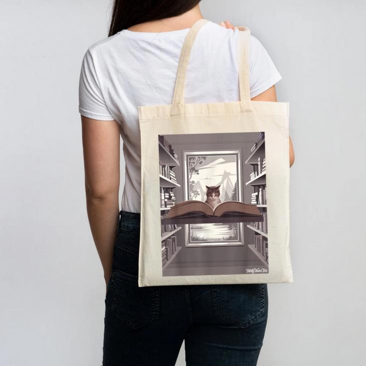 Totally Weird Tees Cat Library Book Reading Literary Canvas Tote Bag