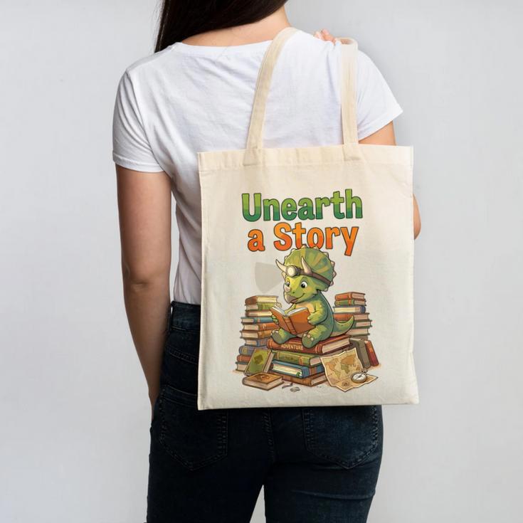 Unearth a Story Triceratops Dinosaur Reading Books Cute Dino Canvas Tote Bag