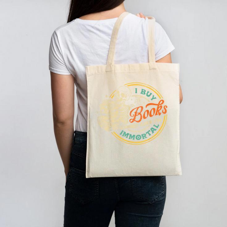 Vintage I Buy Books Like I'm Immortal Skeleton Reading Book Canvas Tote Bag