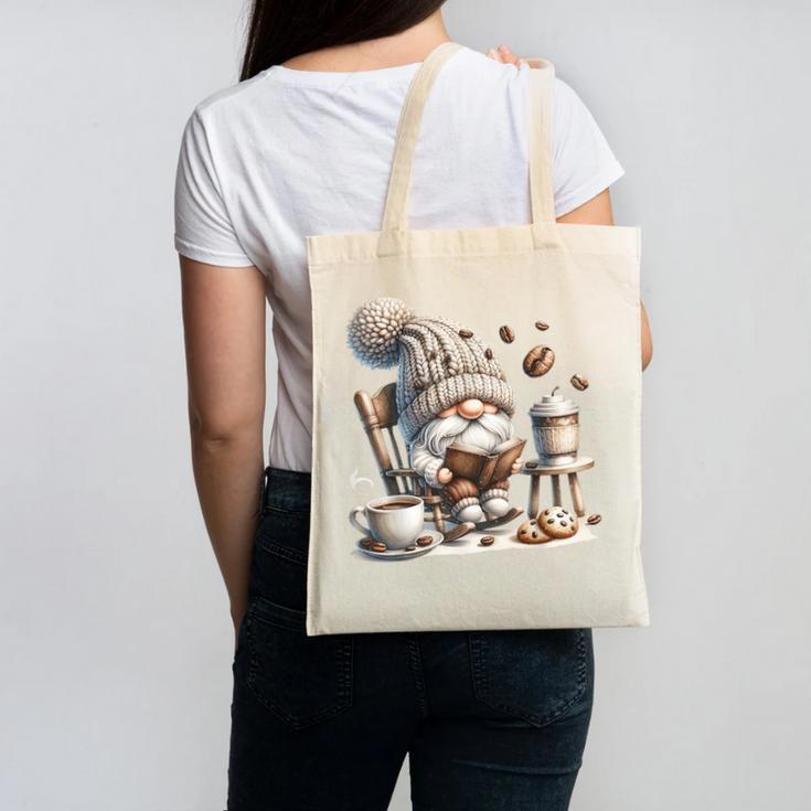 Vintage Cute Gnome Reading Book Coffee Cute Gnome Graphic Canvas Tote Bag