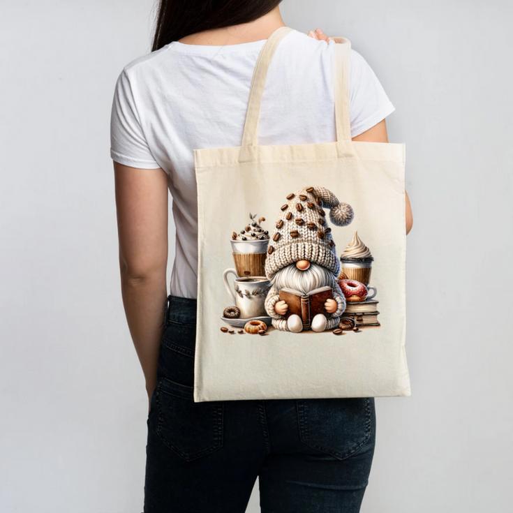 Vintage Cute Gnome Reading Book Coffee Latte Men Women Kids Canvas Tote Bag