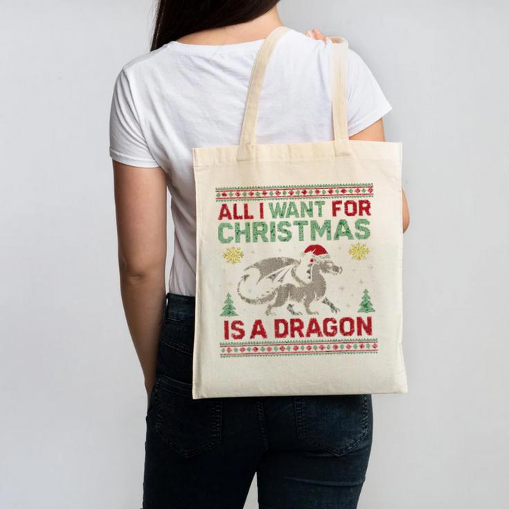 All I Want For Christmas Is A Dragon & Books Ugly Sweater Canvas Tote Bag