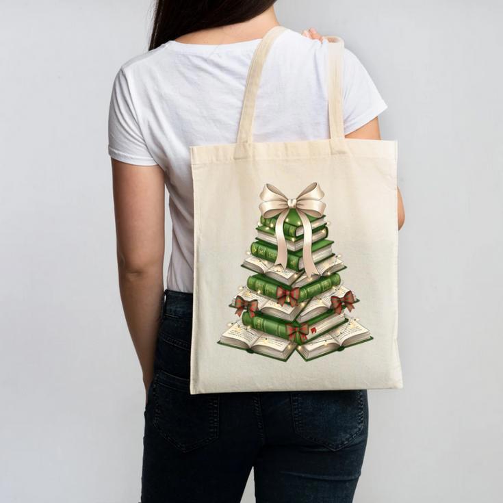 Xmas Tree Books Merry Christmas Coquette Bow Teacher Holiday Canvas Tote Bag