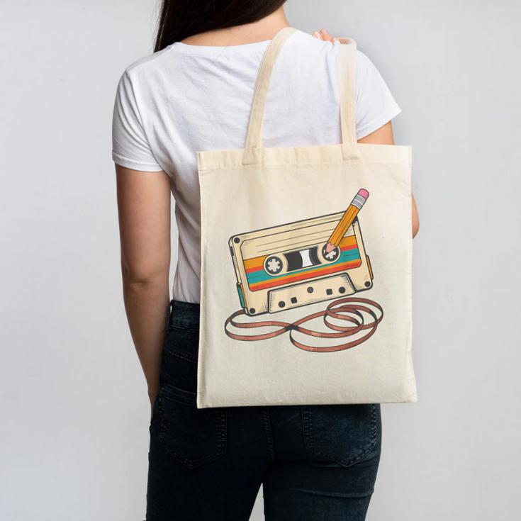 80s 90s Retro Party Costume Nostalgia Cassette Tape Pencil Canvas Tote Bag 80s 90s Retro Party Costume Nostalgia Cassette Tape Pencil Canvas Tote Bag
