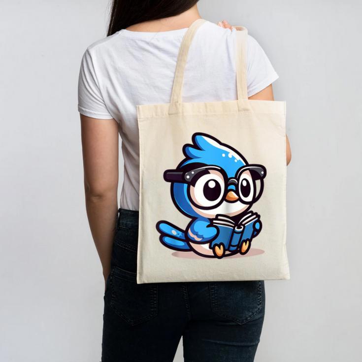 Adorable Book Lover Blue Jay With Reading Glasses Cute Raglan Baseball Tee Canvas Tote Bag