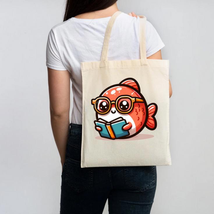Adorable Book Lover Salmon With Reading Glasses Cute Canvas Tote Bag