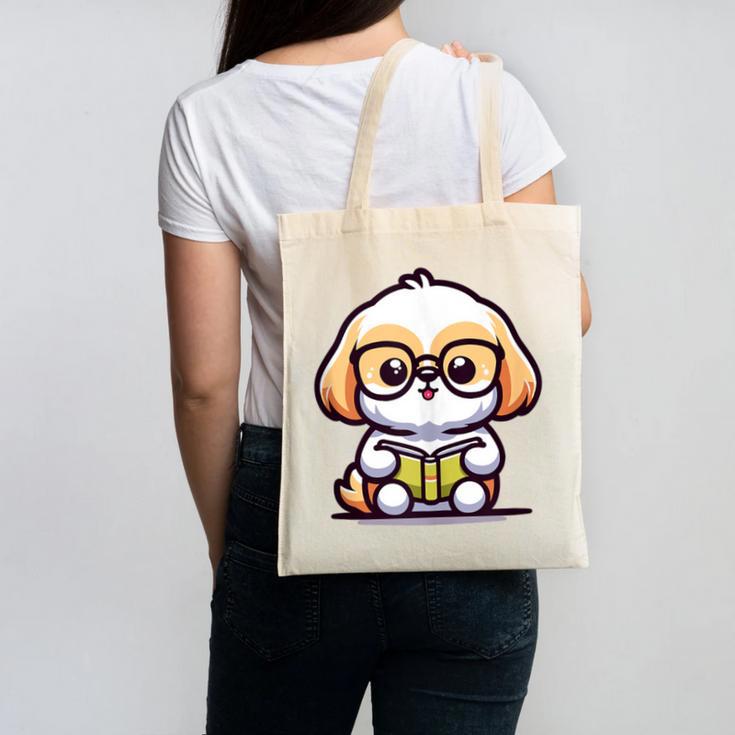 Adorable Book Lover Shih Tzu With Reading Glasses Cute Canvas Tote Bag
