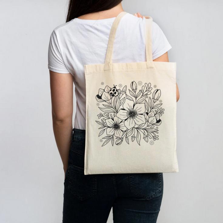 Adult Coloring Book Style Flowers And Ladybug Self Coloring Canvas Tote Bag