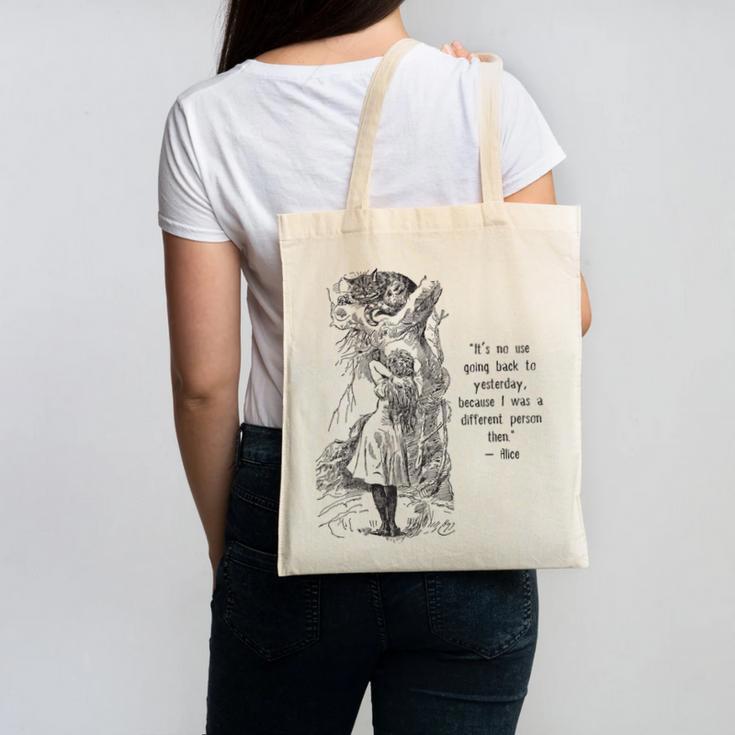 Alice Adventures Wonderland Vintage Book Quote Lewis Carrol Canvas Tote Bag