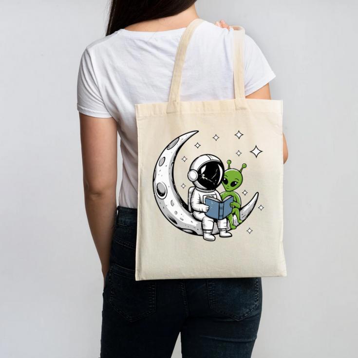 Astronaut Reading Book To Alien Moon Space Astronomy Canvas Tote Bag