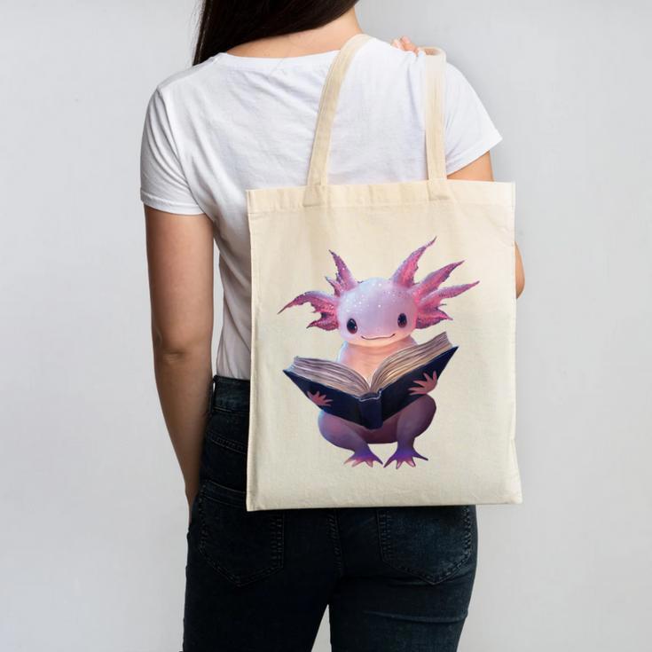 Axolotl Bookworm Reading Book Kawaii Graphic Canvas Tote Bag