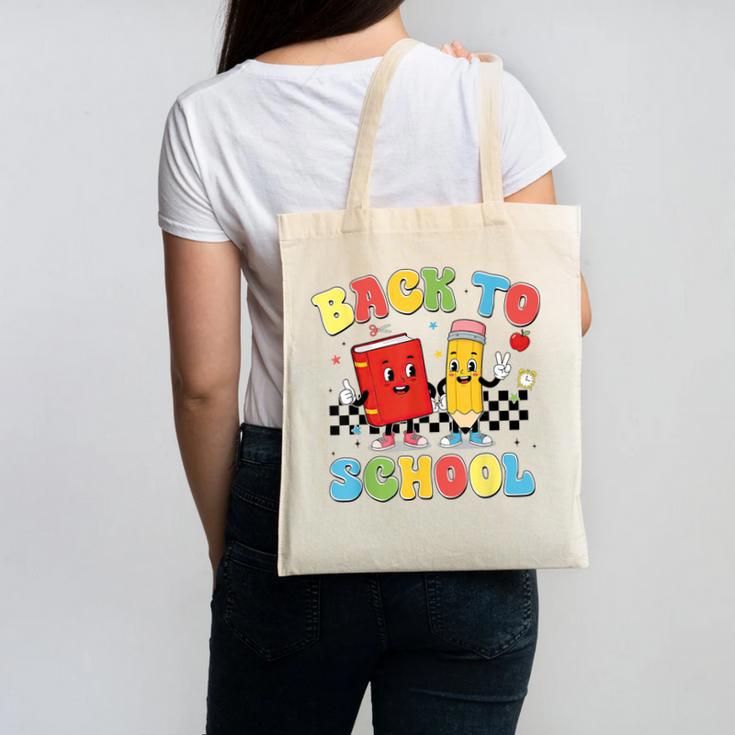Back To School Checkered Book Pencil Groovy Teacher Student Canvas Tote Bag