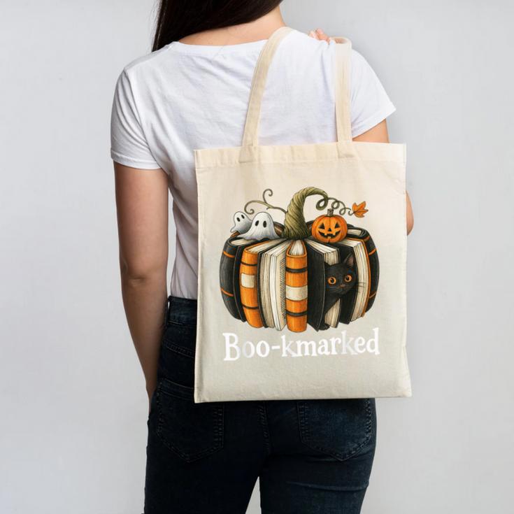 Boo-Kmarked Fall Pumpkin Books Halloween Teacher Teaching Canvas Tote Bag Boo-Kmarked Fall Pumpkin Books Halloween Teacher Teaching Canvas Tote Bag