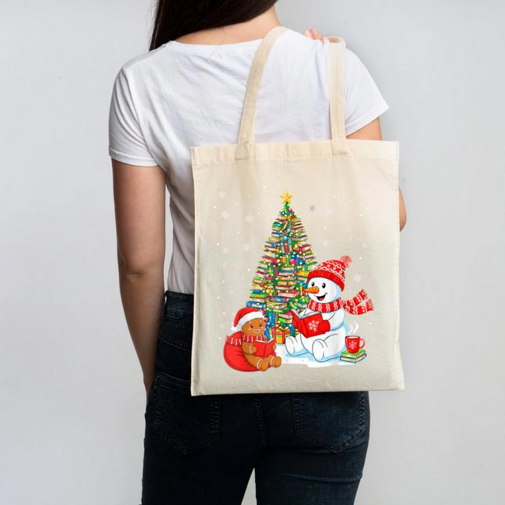 Book Christmas Tree Bookworm Gingerbread Man Snowman Reading Canvas Tote Bag