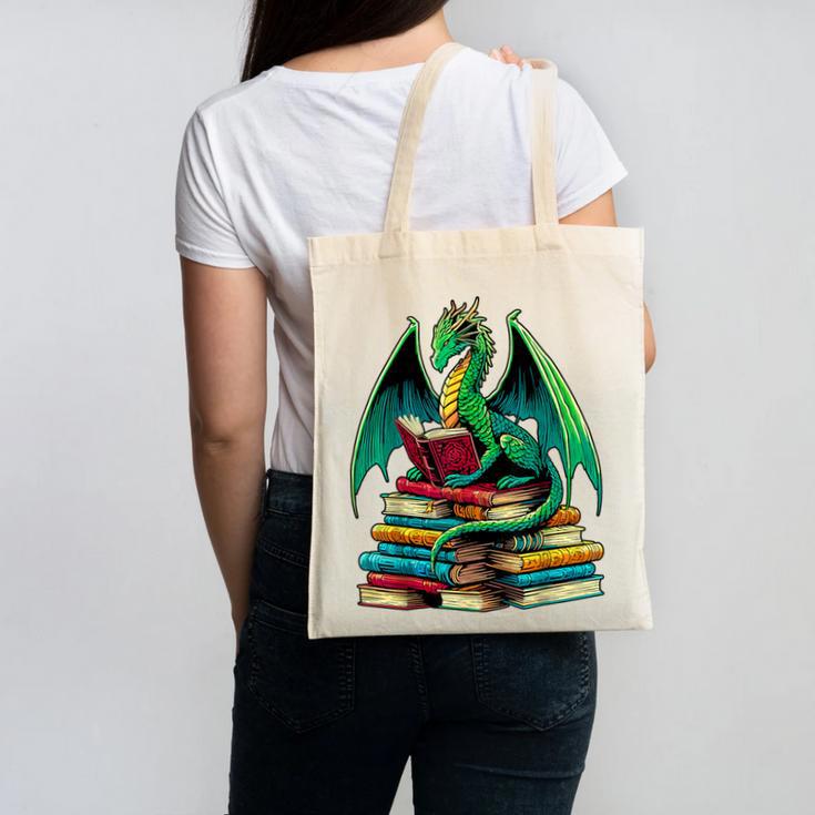 Book Dragon Reading Books Canvas Tote Bag