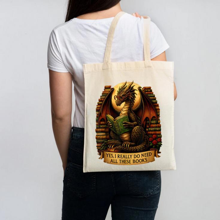 Book Dragon Yes I Really Do Need All These Books Men Women Canvas Tote Bag Book Dragon Yes I Really Do Need All These Books Men Women Canvas Tote Bag