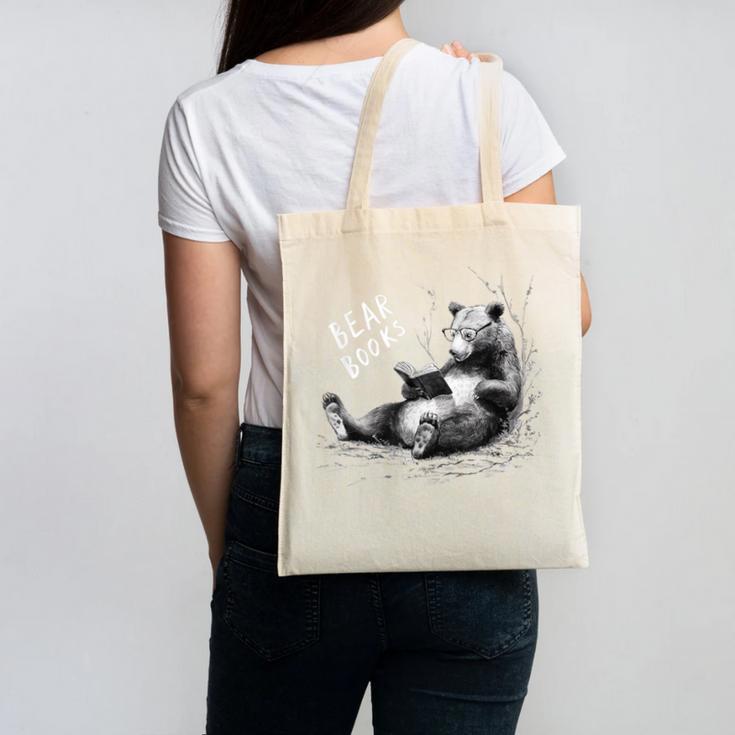 Book Lover Bear Cozy Reading Bear Graphic Bear Books Canvas Tote Bag