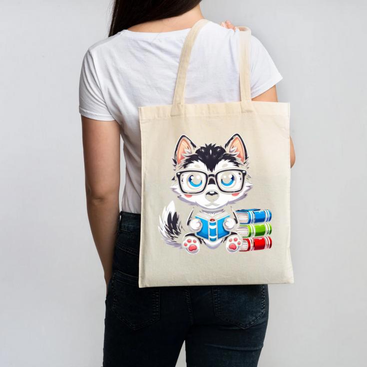 Book Lover Reading Husky Dog Canvas Tote Bag