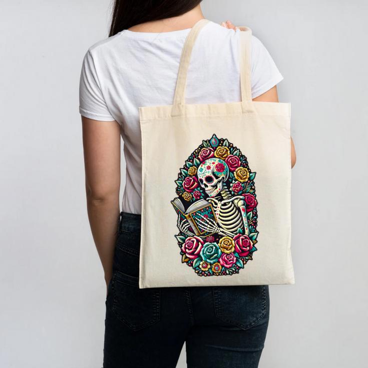 Book Lover Skeleton Reading With Dia De Los Muertos Flowers Canvas Tote Bag