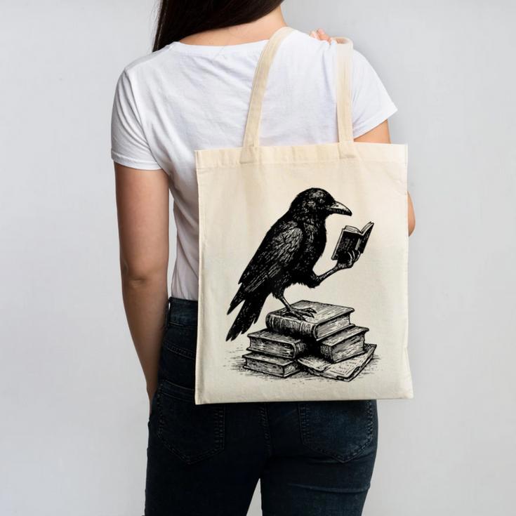 Book Raven Vintage Dark Academia Literature Reading Canvas Tote Bag