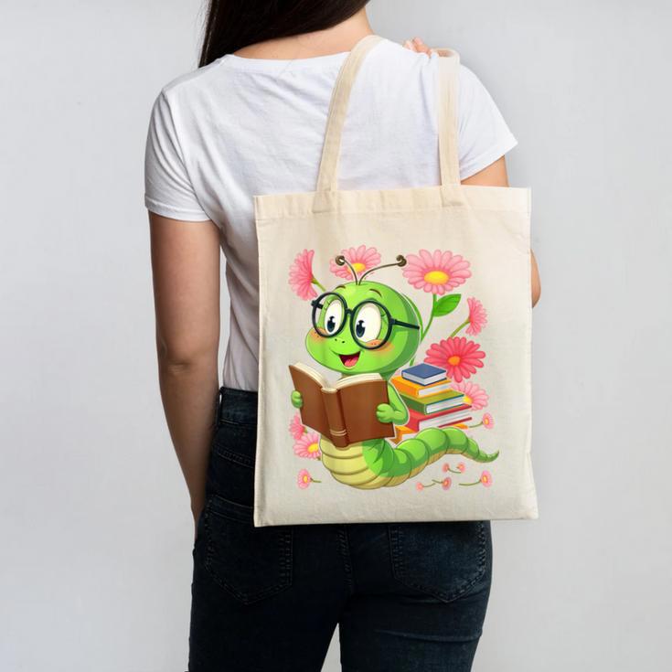 Book Worm Costume World Book Day Cute Kawaii Worm Reading Canvas Tote Bag