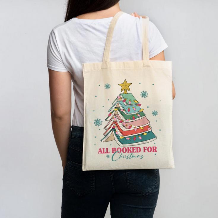 All Booked For Christmas Book Christmas Tree Lights Bookish Canvas Tote Bag